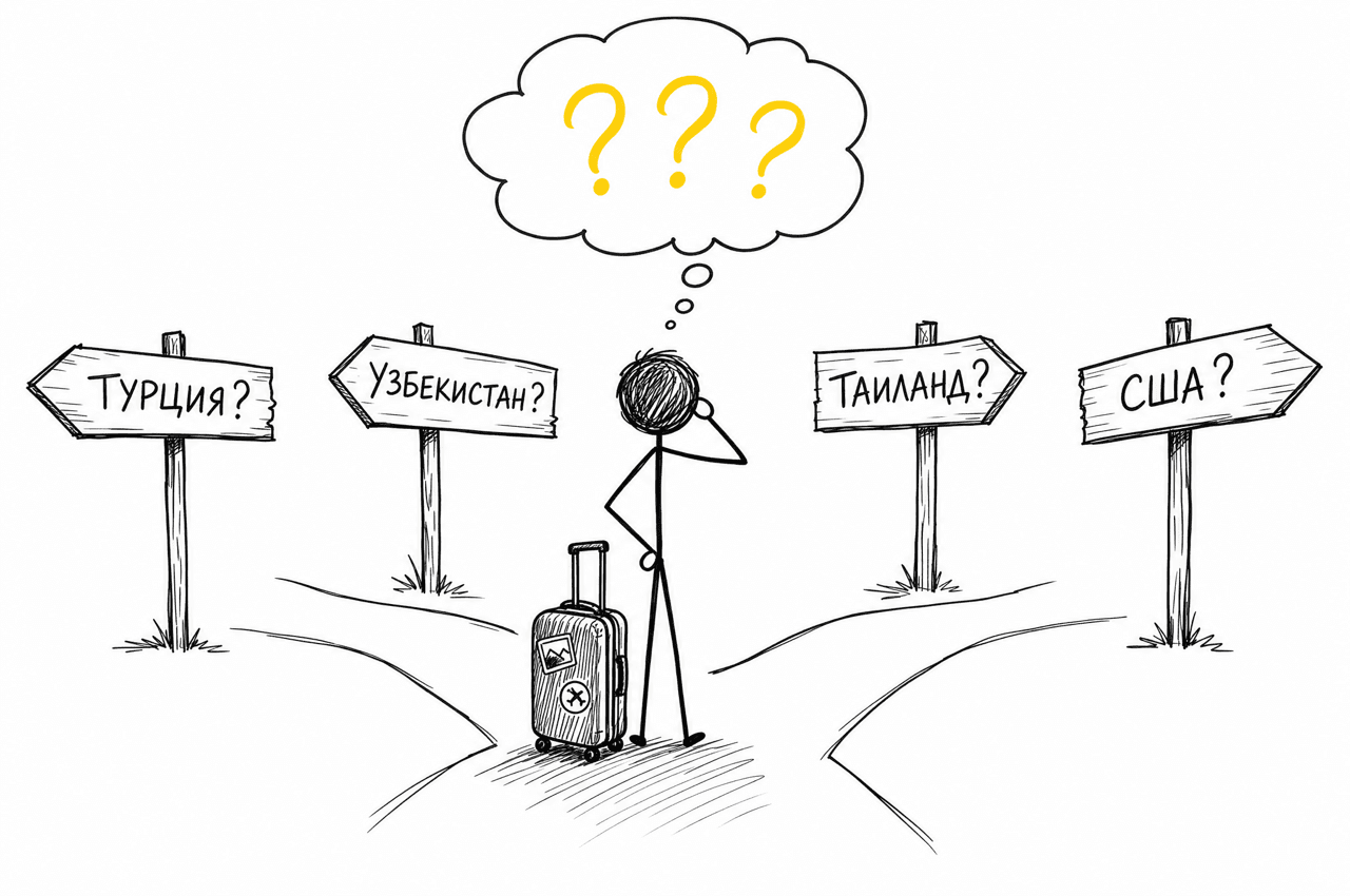 Человек с чемоданом на перекрёстке указателей: Турция? Узбекистан? Таиланд? США?