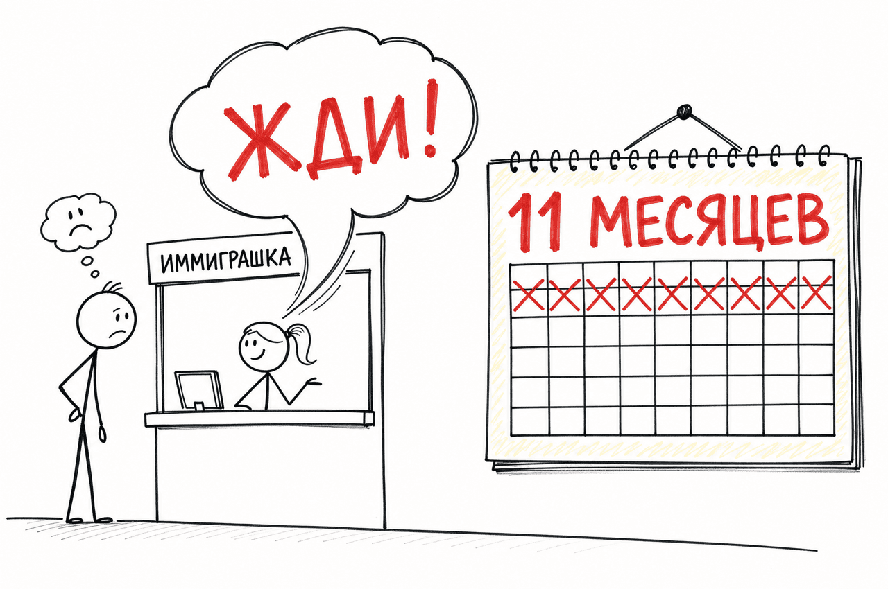 Окошко «Иммиграшка» с ответом «ЖДИ!» и календарь на 11 месяцев