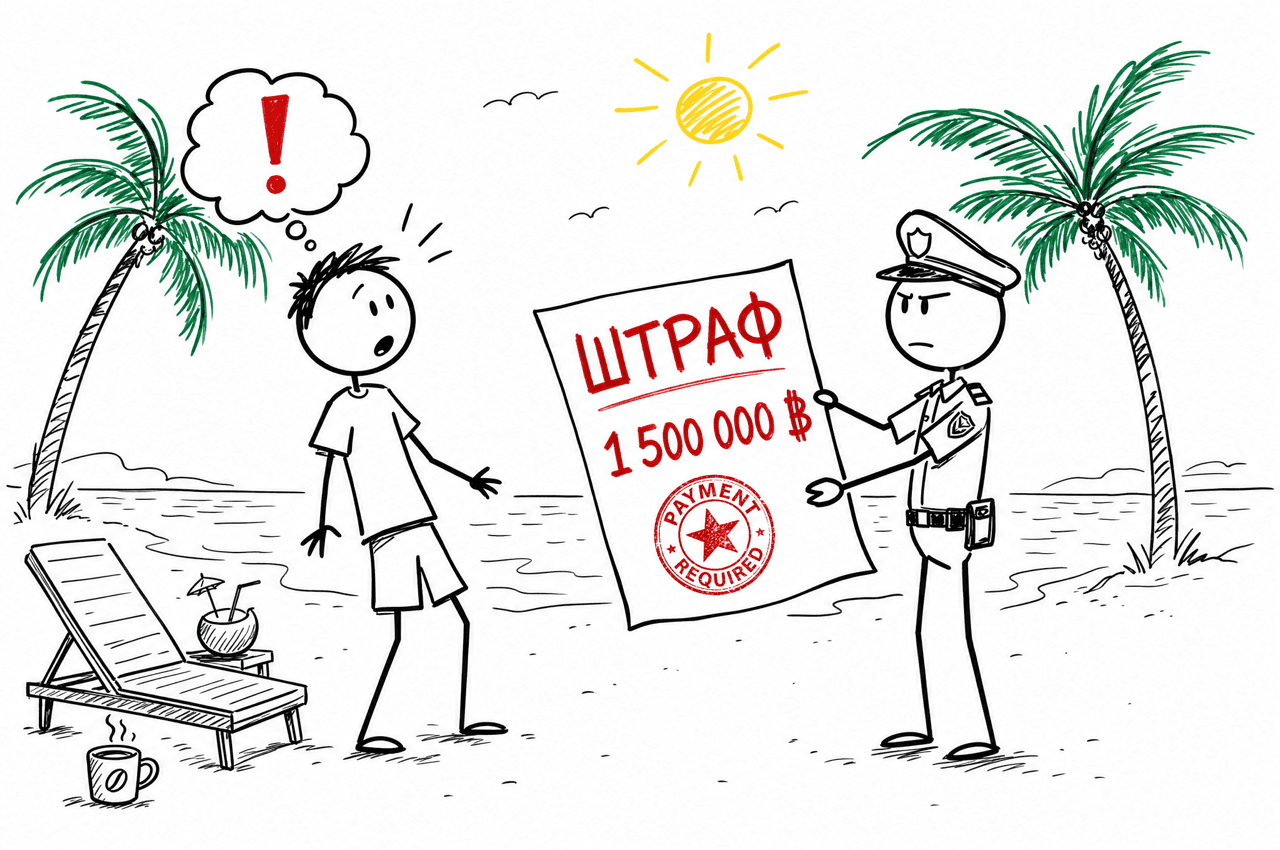 Полицейский на пляже вручает штраф 1 500 000 бат с печатью PAYMENT REQUIRED