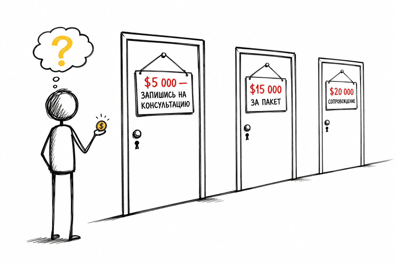 Три двери: «$5 000 — запишись на консультацию», «$15 000 за пакет», «$20 000 сопровождение»