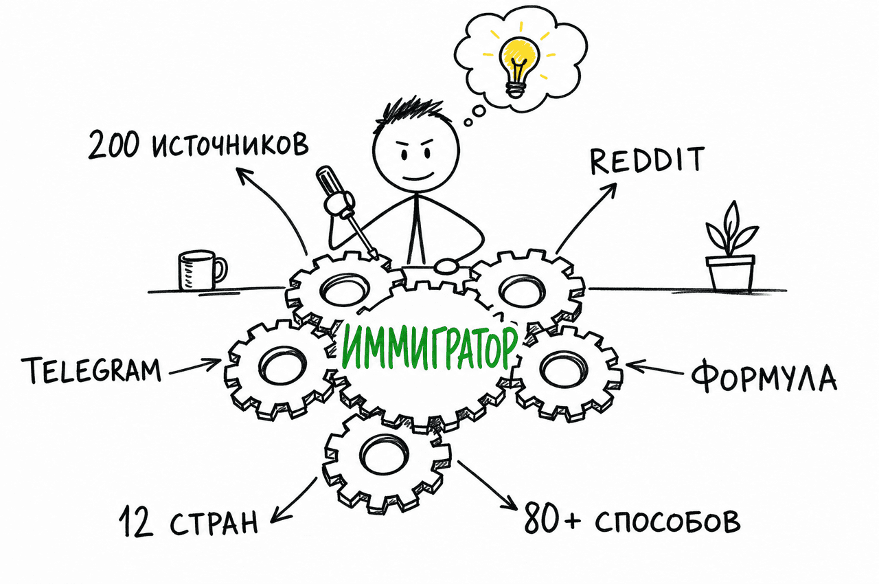 Механизм Иммигратора: 200 источников, Reddit, Telegram, формула, 12 стран, 80+ способов