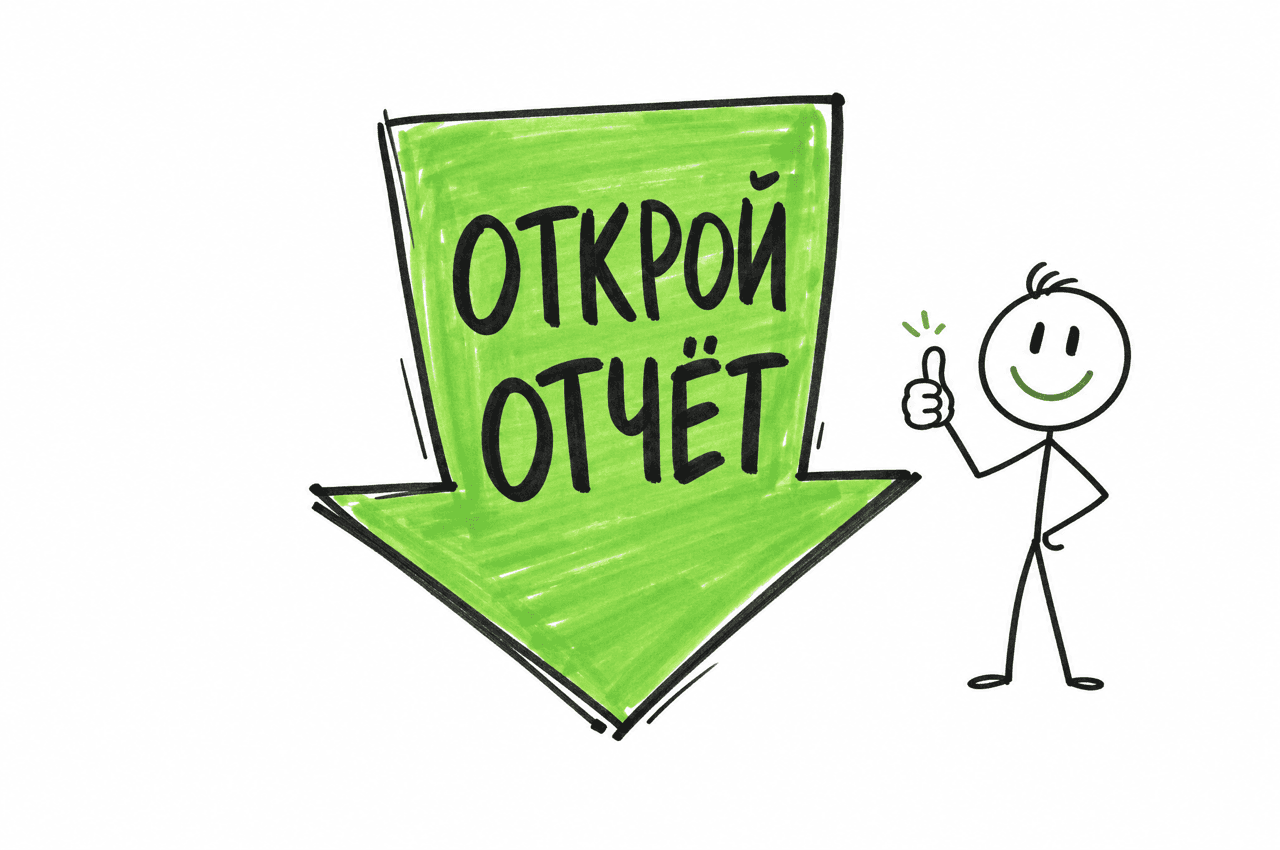 Зелёная стрелка «ОТКРОЙ ОТЧЁТ» — человечек показывает большой палец вверх